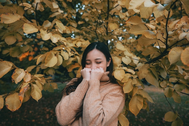 An attractive female standing near a beautiful tree with golden leaves