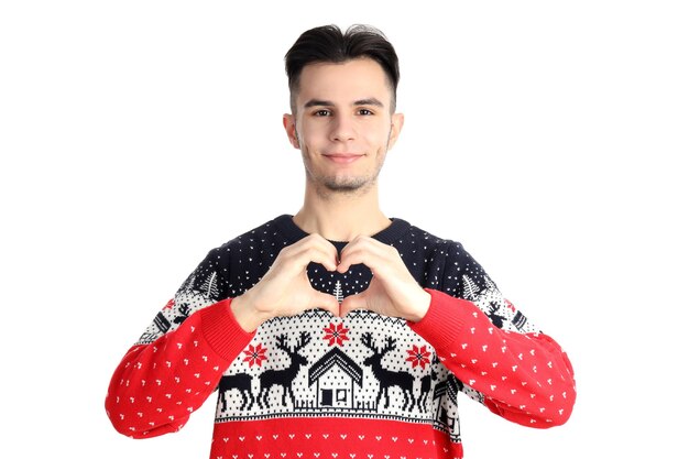 Attractive guy in sweater isolated on white background