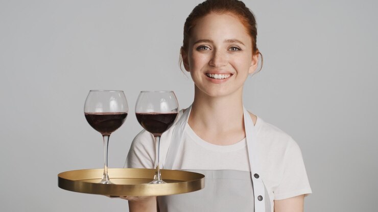 Free Photo attractive smiling waitress in apron holding tray with wine happily looking in camera over white background
