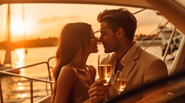 Free photo attractive and wealthy couple celebrate on a boat with generative ai