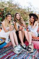 Free photo attractive young smiling girls in trendy dresses spending time together on summer picnic in the park