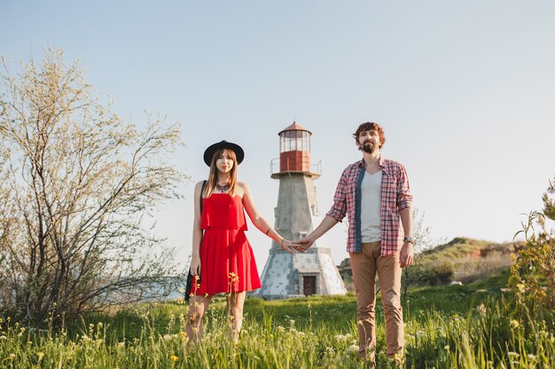 Attractive young stylish couple in love in countryside