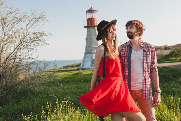 Attractive young stylish couple in love in countryside