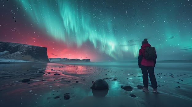 Free photo aurora borealis landscape over the sea