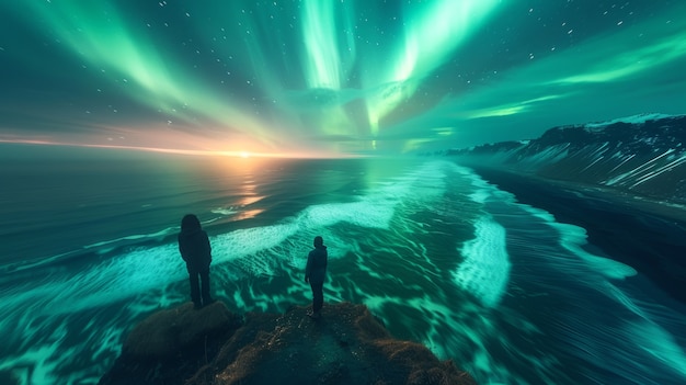 Foto gratuita paesaggio dell'aurora boreale sopra il mare