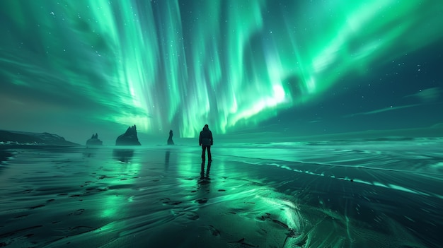 Foto gratuita paesaggio dell'aurora boreale sopra il mare