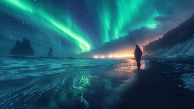 Free photo aurora borealis  landscape over the sea