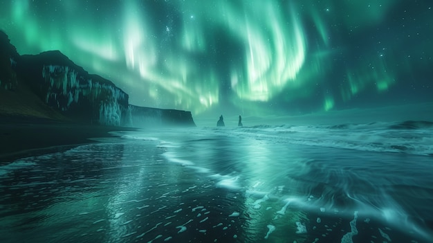 Paesaggio dell'aurora boreale sopra il mare