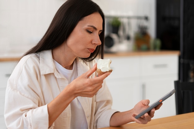 Authentic person eating fresh cheese