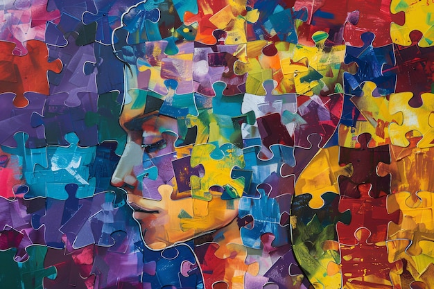 自閉症デーに関する意識を高めるためのカラフルな肖像画