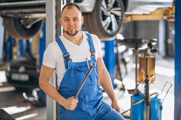 Auto mechanic checking car