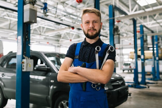 Auto mechanic crossing hands with spanners 