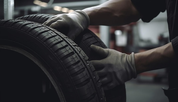 Free photo auto mechanic repairing car tire in workshop generated by ai