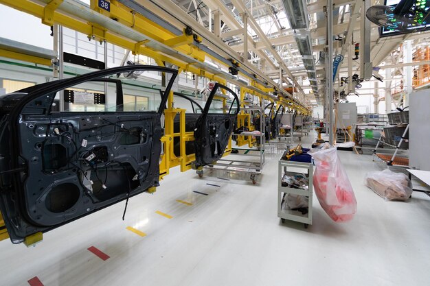 Automated car Assembly line Assembly of car door plant of automotive industry Line of car body