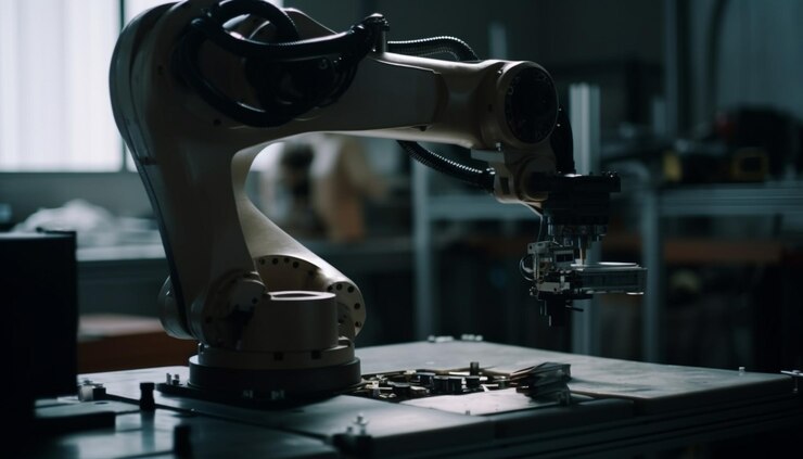 無料Photo aiによって生成された精密金属加工生産を自動化されたロボットアームが制御