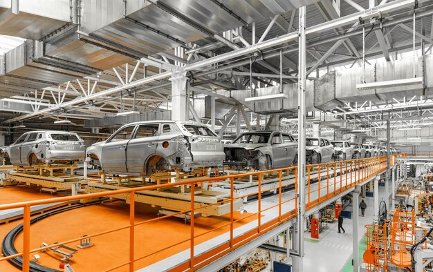 自動車生産ライン。溶接車体。現代の自動車組立工場。