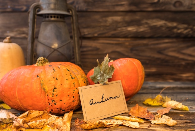 Autumn arrangement with pumpkins and rusty lantern