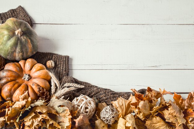 Осенний фон с декоративными элементами и тыквой.