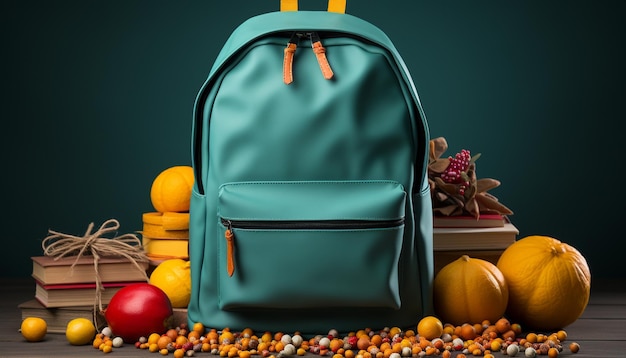Autumn backpack on wooden table a gift for back to school generated by artificial intelligence