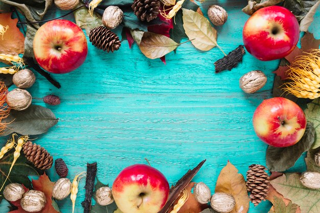 Autumn bright wooden background with harvest