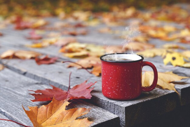 가을의 커피나 차, 나무 탁자 위에 있는 컵에 노란색 낙엽을 배경으로 하고 ...