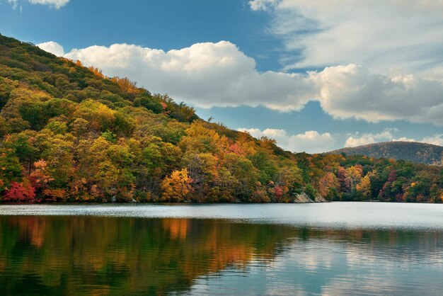 湖の反射と秋の色とりどりの葉。