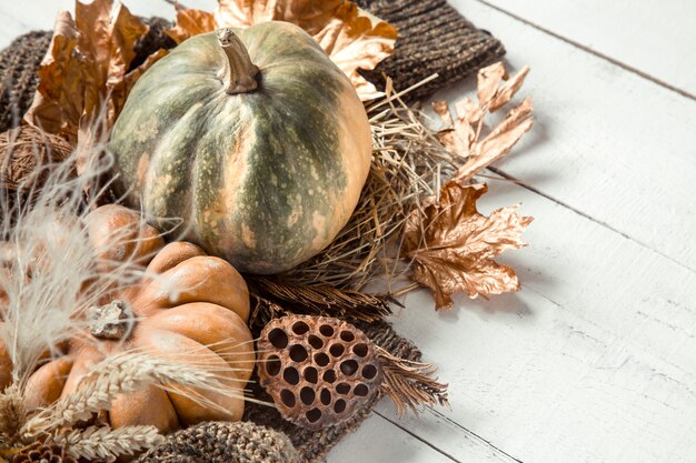 Autumn composition with decorative items and pumpkins