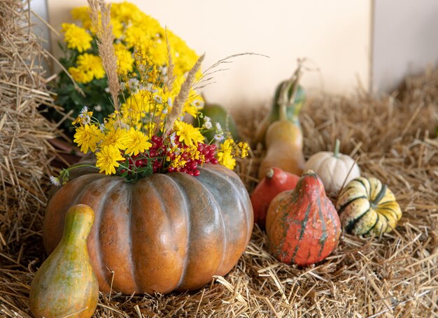 Autumn composition with pumpkins in a rustic style