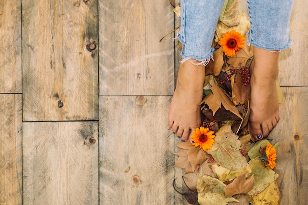 Autumn concept with legs and autumn leaves