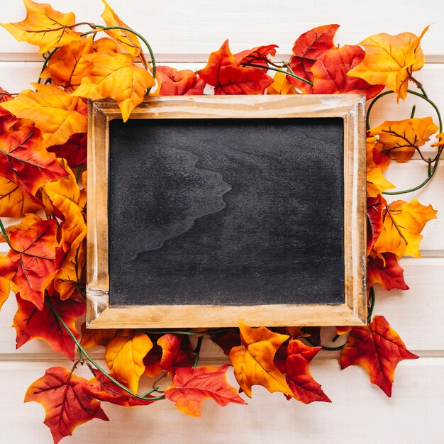 Autumn decoration with slate on autumn leaves