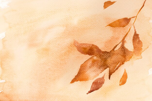 葉のイラストとパステルオレンジの秋の花の水彩画の背景
