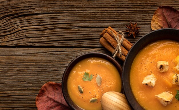 Autumn food pumpkin and mushroom soup