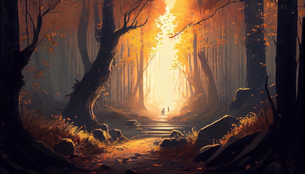 Осенний лес в акриловой живописи жуткий таинственный сумрак, сгенерированный ИИ
