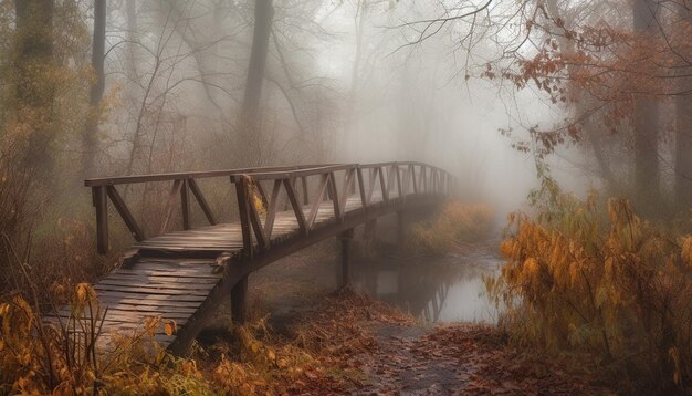 Autumn forest fog tranquil scene mystery bridge generated by AI