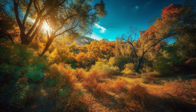 Осенний лес светится разноцветными листьями, созданными искусственным интеллектом