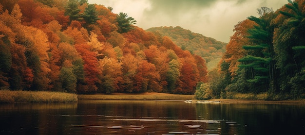 Autumn forest reflects vibrant colors in pond generated by AI