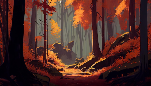 Осенний лес — яркий нарисованный пейзаж, созданный искусственным интеллектом.