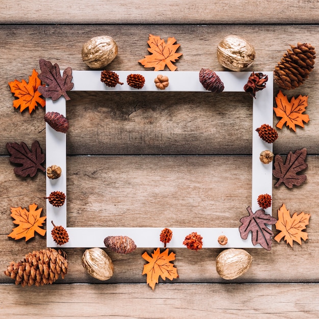 Autumn frame of leaves and cones