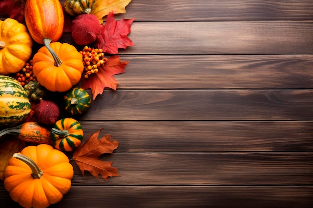 Free photo autumn harvest and holiday still life selection of various pumpkins on dark wooden background with copy space