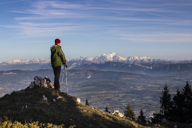 Autumn hiking in France with views on the Alps