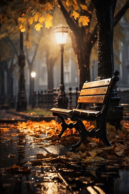 Autumn landscape with bench and trees