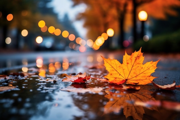 Free photo autumn leaf close up with city lights bokeh rainy