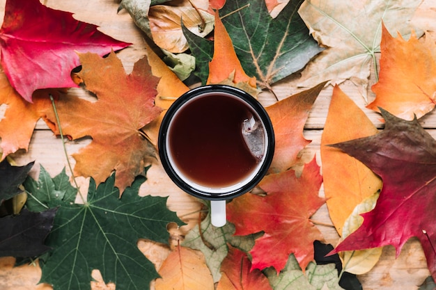 Free photo autumn leaf composition with cup of tea on wood