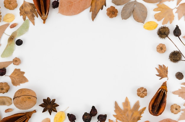 Free photo autumn leaves flat lay with copy space