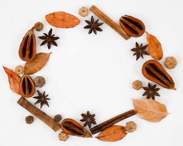 Autumn leaves flat lay with copy space