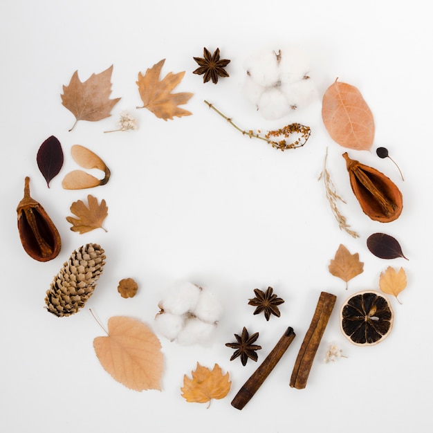 Autumn leaves flat lay with copy space