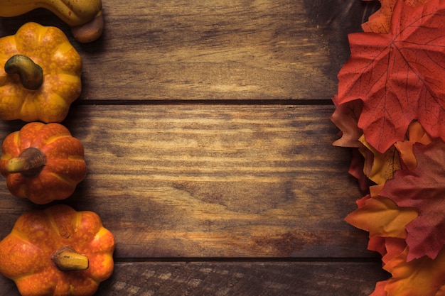 Autumn pumpkins and maple leaves composition 