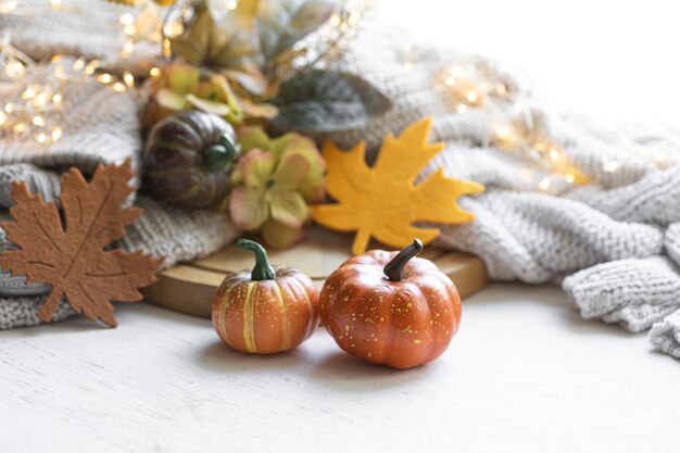 Free photo autumn still life with pumpkins leaves and knitted element