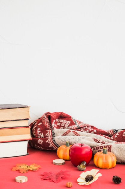 Autumn symbols near blanket and books