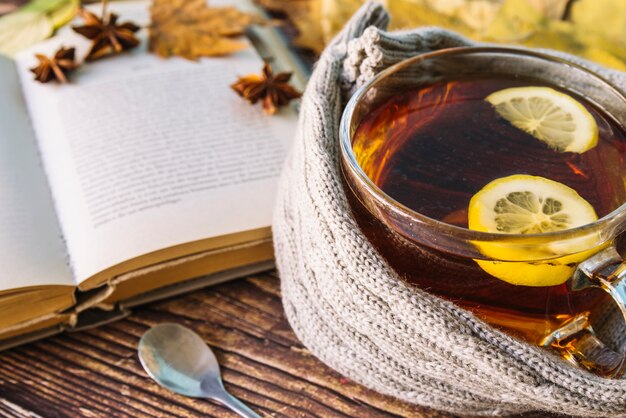 Autumn tea with open book